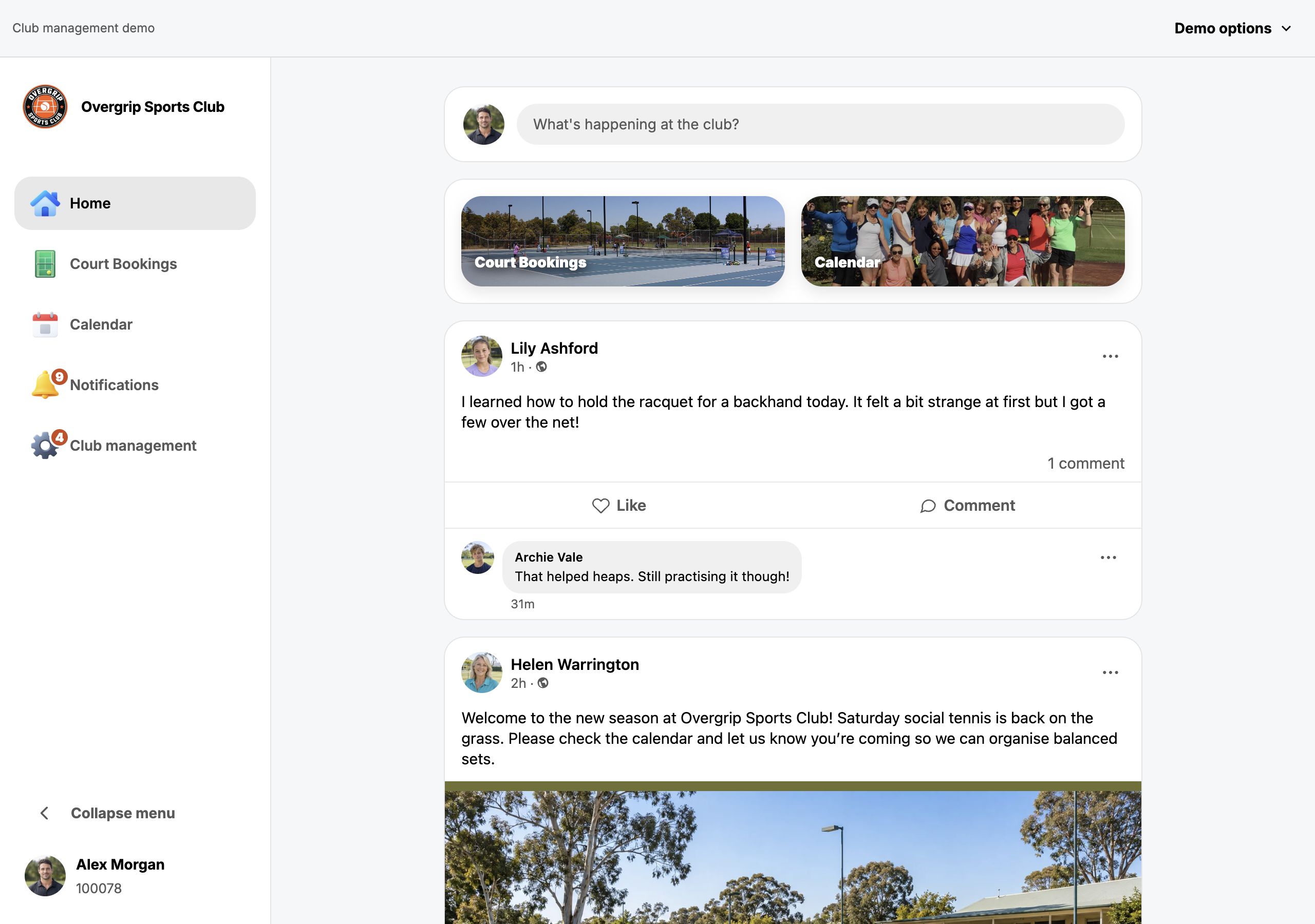 Actual Overgrip Sports Club community feed with club news and member profile photos